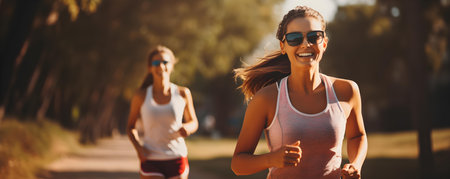 Friends bonding over a jog at the city park, fostering health and camaraderie. Concept City Park Jog, Friend Bonding, Health Benefits, Camaraderie, Outdoor Exerciseの素材