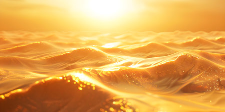 Golden light illuminates majestic sand dunes in a desert at sunrise. Concept Desert landscapes, Golden hour photography, Sand dunes, Sunrise scenes, Nature photographyの素材