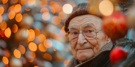 Elderly man in nursing home adorned in Christmas decorations celebrates the festive season. Concept Elderly man, Nursing home, Christmas decorations, Festive season, Celebrateの素材