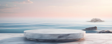 High-resolution image of a refined marble podium against a picturesque seaside backdrop. Concept Marble Podium, Seaside Backdrop, High-Resolution Image, Refined Designの素材