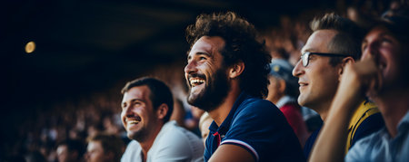 Enthusiastic French Rugby Fans Celebrate in the Stands at a Match. Concept French Rugby Fans, Celebrate in Stands, Enthusiastic, Match, Sports Fansの素材