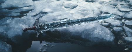 Heroic sword embedded in stone on icy lake looping timelapse background. Concept Fantasy, Sword in Stone, Icy Lake, Timelapse, Heroicの素材