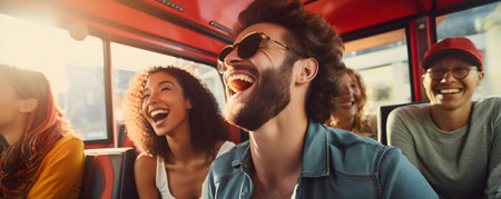 Happy group enjoying drive in car seated and smiling together inside. Concept Family Reunion, Road Trip, Smiling Faces, Quality Time, Travel Happinessの素材