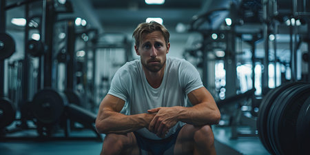 Male athlete in gym experiencing knee pain from acute inflammation. Concept Acute Inflammation Management, Sports Injury Recovery, Men's Health and Wellness, Understanding Knee Painの素材