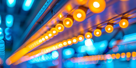 Modern LED and fluorescent lights in energy efficient ceiling. Concept LED Lights, Fluorescent Lights, Energy Efficiency, Ceiling Lightingの素材