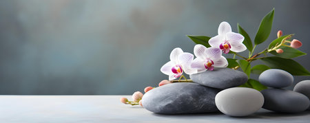 Peaceful spa stones arranged on luxurious gray marble surface in elegant display. Concept Spa Stones, Luxury Marble, Elegant Display, Tranquil Setting, Relaxation Retreatの素材