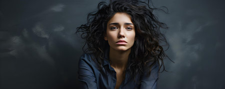 Portrait of a woman displaying emotions of stress loneliness and sadness. Concept Loneliness, Stress, Sadness, Portrait, Emotionsの素材