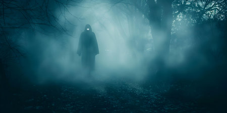 Spooky figure lurking in misty forest at night a chilling mystery. Concept Misty Forest, Spooky Figure, Night Time, Chilling Mystery, Horror Storyの素材