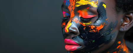 Portrait of a Black woman decorated with black and colorful paint. Concept Portrait Photography, Body Painting, Creative Art, Diversity Celebrationの素材
