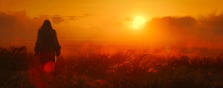 Silhouetted Native American chief overlooking stunning sunset in artistic portrayal. Concept Native American Culture, Sunset Silhouettes, Artistic Portrayal, Tribal Chief Portraitの素材