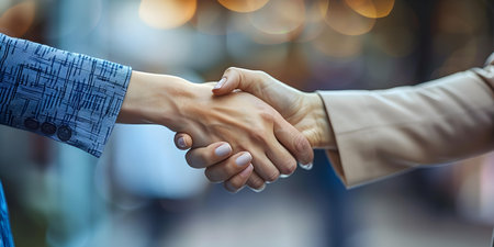 Two professional women seal a business deal with a handshake at the workplace. Concept Business Meeting, Professional Women, Handshake, Workplace Dynamics, Deal Sealedの素材