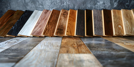 Variety of oak parquet flooring samples displayed on gray background copy space. Concept Oak Parquet Flooring, Variety of Samples, Gray Background, Copy Spaceの素材