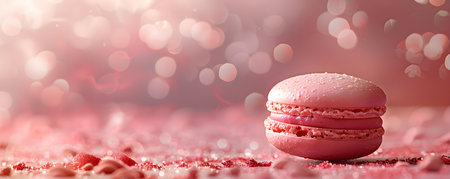 A Single Pink Macaron Shines Against a Soft Pink Background, Exuding Elegance and Vibrancy. Concept Macarons, Pink Background, Elegance, Vibrancy, Food Photographyの素材