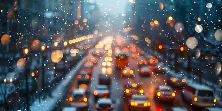 Navigating Through Chaos: Snowcovered City Streets and Traffic. Concept Winter Scenes, Urban Chaos, Cold Weather Commute, Snow-covered City, Rush Hour Trafficの素材