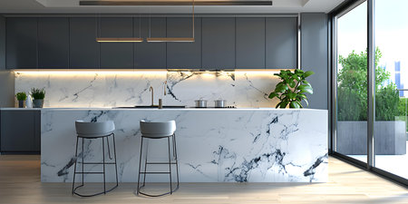 Sleek modern kitchen with marble island bar stools and natural light. Concept Modern Kitchen Design, Marble Island, Bar Tools, Natural Lightの素材