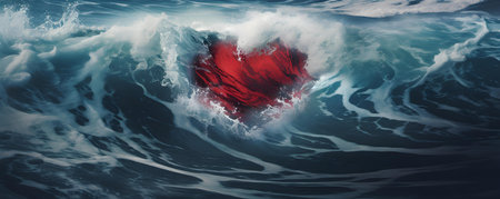 Symbolic red heart amidst turbulent ocean waves conveys love overcoming adversity. Concept Love, Adversity, Symbolism, Ocean Waves, Heartの素材