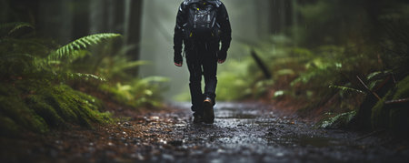 Strong black professional walking through forest trail in rainy weather. Concept Professional Environment, Outdoor Setting, Rainy Weather, Strong Pose, Forest Trailの素材