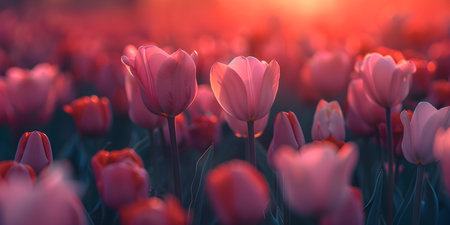 Vibrant pink tulips blooming in a field during the spring season. Concept Flower Photography, Spring Blooms, Vibrant Colors, Nature Scenes, Botanical Gardensの素材