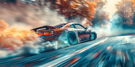 Sports car performing a drifting maneuver in a burst of smoke. Concept Car drifting, Smoke clouds, Speed and Motion, Extreme Driving, Thrilling Maneuversの素材