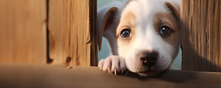 Woofing pup squeezes head through small opening in door wide shot. Concept Funny Animals, Playful Pets, Branding Photographyの素材