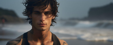 Digital Artwork of a Young Man with a Surfboard Tattoo and Wet Hair at the Beach. Concept Digital Art, Young Man, Surfboard Tattoo, Wet Hair, Beachの素材