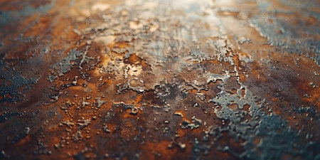 Zoomed in on deteriorating metal Rust spread across old steel surface. Concept Rust Photography, Deteriorating Metal, Steel Surface, Weathered Texture, Abstract Patternsの素材