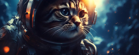 An astronaut cat explores space with Earth in the background. Concept Outer Space, Astronaut Cat, Earth Background, Adventure, Cosmic Explorationの素材