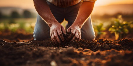 A farmers hands examine soil at sunset while an engineer tests its fertility emphasizing ecofriendly agro practices. Concept Agriculture, Soil Examination, Sunset, Eco-friendly Practices, Engineeringの素材