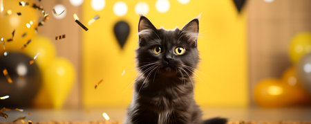Cute cat posing against bright yellow background for birthday party design. Concept Cat Photography, Bright Backdrops, Birthday Party Themes, Animal Poses, Colorful Designの素材