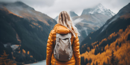 Exploring the Wonders of Nature: Adventurous Hiker Finds Solace on Breathtaking Mountain Peak. Concept Nature Photography, Adventure Travel, Hiking Trails, Mountain Peaks, Solitudeの素材