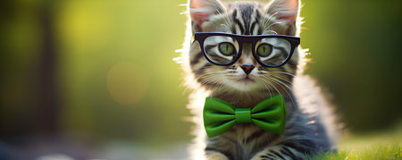 Cute Cat wearing Trendy Red Glasses and a Lovely Green Bowtie. Concept Pets, Fashion, Accessories, Photography, Cutenessの素材