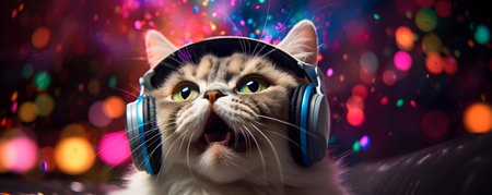 A surreal white cat explores virtual reality while bathed in colorful lights. Concept Virtual Reality Experience, Surreal White Cat, Colorful Lights, Mind-Bending Photoshootの素材