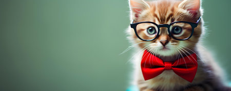 Charming Cat Wearing Trendy Red Glasses and Stylish Green Bowtie. Concept Cute Animals, Fashion Accessories, Pet Photography, Stylish Ensembles, Trendy Petsの素材
