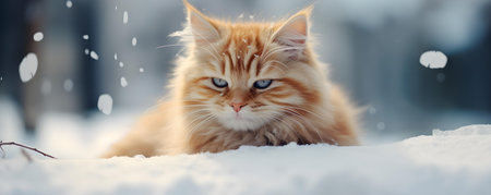 Adorable cat with ginger fur and a knitted hat lounges in snowy landscape symbolizing pets as family. Concept Pet Photography, Winter Scenes, Cozy Accessories, Furry Friends, Animal Companionsの素材