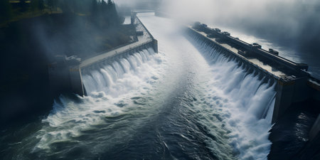 Birdseye perspective of a sprawling hydroelectric reservoir capturing its immense size blurred backgroundcopy space solid background. Concept Hydroelectric Reservoir, Birdseye Perspectiveの素材