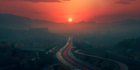 Twilight aerial view of AP motorway in Mollet del Valles Catalonia Spain. Concept Aerial Photography, Highway, Twilight, Mollet del Valles, Cataloniaの素材