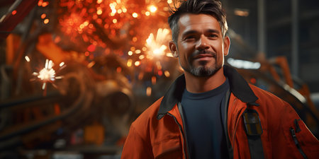 An engineering professional a young Hispanic man excels at work. Concept Engineering Success, Young Hispanic Man, Professional Excellence, Career Achievement, Work Achievementsの素材