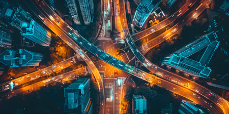 Drone captures a bustling highway interchange from a birds-eye view. Concept Aerial Photography, Transportation, Urban Landscape, Drone Footage, Highwaysの素材