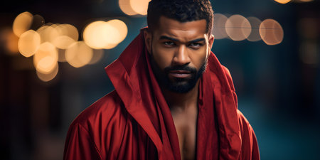 Confident male boxer poised for battle in a vibrant red robe. Concept Boxing Photography, Confident Poses, Vibrant Red Robe, Athletic Portraits, Sporty Photoshootの素材
