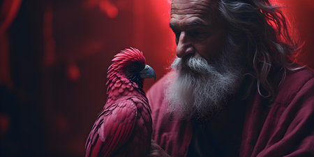 An elderly man adorned in a crimson robe cradles a majestic bird. Concept Fantasy, Elderly, Bird, Robe, Creativityの素材