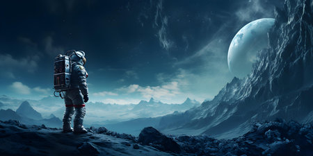 An astronaut stands on the moon in awe of the vast landscape. Concept Space Exploration, Astronaut, Moon Landing, Celestial Wonders, Exploration Discoveryの素材