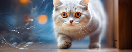 British shorthair cat walks in through a sunny window catflap. Concept Cat Photography, Indoor Pets, Natural Light, British Shorthair, Sunny Windowsの素材