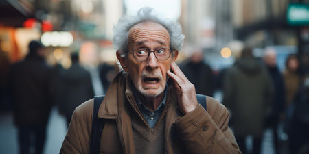 Elderly man displaying cognitive decline lost on city street. Concept Aging, Mental Health, City Life, Cognitive Decline, Lostの素材