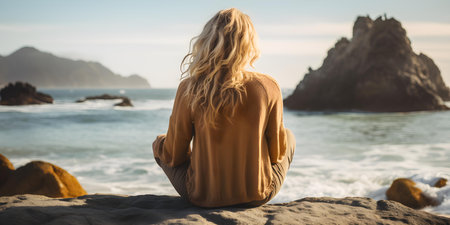 Woman Reflecting by the Ocean: Appreciating the Serene Waves and Rocky Horizon. Concept Nature, Self-Reflection, Ocean Viewsの素材