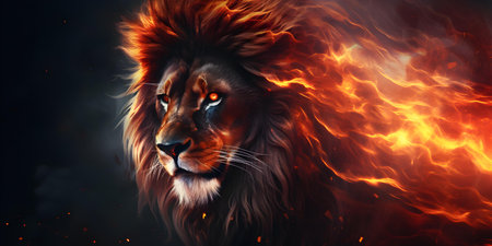 Majestic Lion Closeup with Fiery Mane. Concept Lion Closeup, Fiery Mane, Majestic Animal, Wildlife Photographyの素材