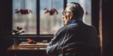 Elderly person in nursing home gazes longingly out the window alone. Concept Loneliness, Elderly Care, Nursing Home, Contemplation, Isolationの素材