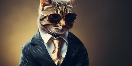 Sophisticated feline style: a cool cat in shades and a dapper suit. Concept Feline Fashion, Sunglasses Chic, Dapper Suit, Sophisticated Style, Cool Cat Attireの素材