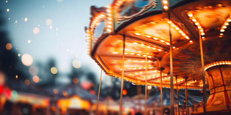 Funfairs and carnivals enchant the nighttime. Concept Entertainment, Amusement, Lights, Food, Ridesの素材