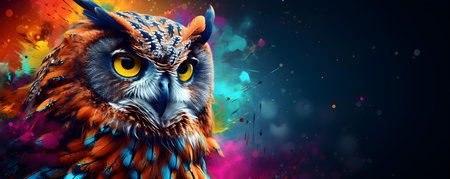 Colorful owl painted with splattered paint technique on vibrant background. Concept Abstract Art, Owl Painting, Splatter Paint Technique, Colorful Background, Vibrant Artworkの素材