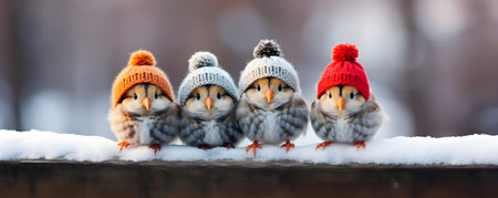Festive Christmas birds in vibrant colors sporting adorable red hats in a snowy setting. Concept Christmas Birds, Festive Colors, Red Hats, Snowy Setting, Vibrant Decorの素材